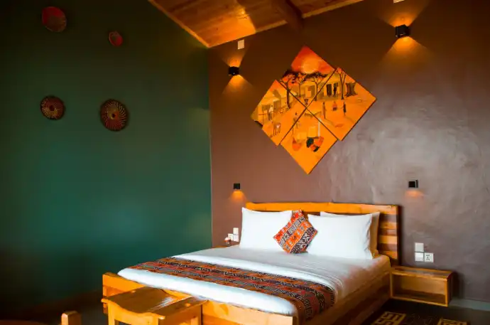 Private eco lodge bedroom overlooking Lake Kivu