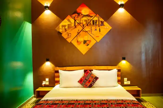 Private eco lodge bedroom overlooking Lake Kivu