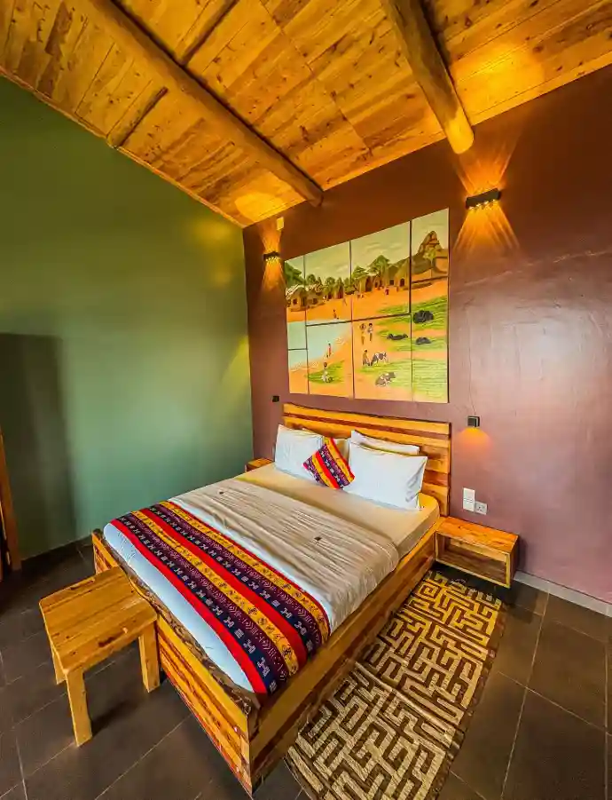 Private eco lodge bedroom overlooking Lake Kivu